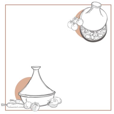 El yapımı tagine seti. Vektör arkaplanı. Çizim çizimi 
