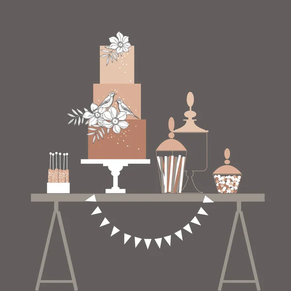 Table Dessert Rose Avec Gâteau Barre Bonbons Mariage Illustration Vectorielle — Image vectorielle