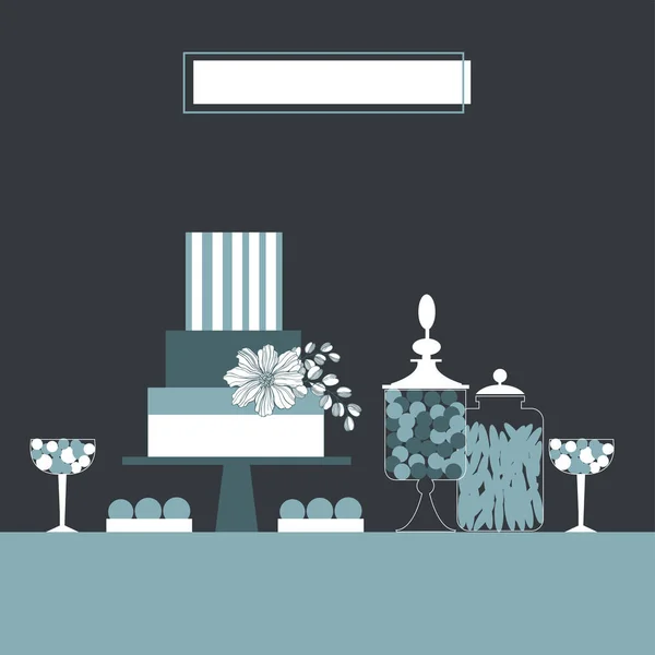 Hochzeit Blaue Schokoriegel Mit Kuchen Desserttisch Vorhanden Vektorillustration — Stockvektor