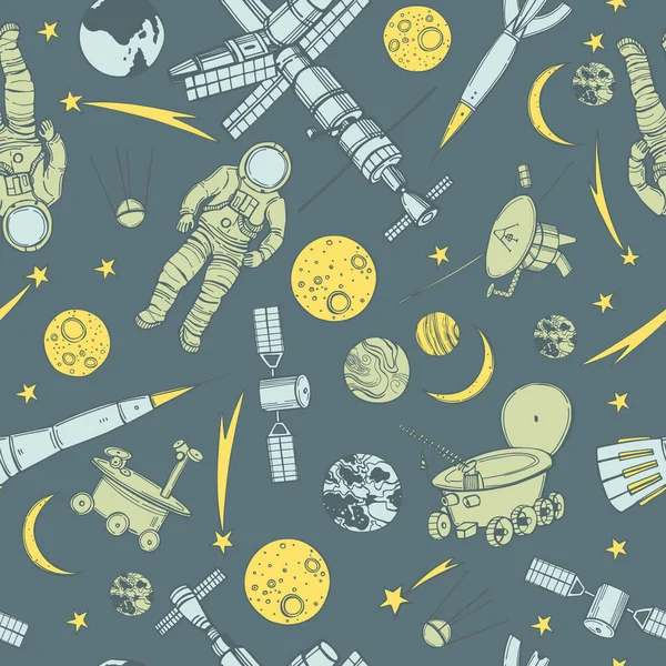 Hand Drawn Space Objects Planets Comets Rockets Vector Seamless Pattern — Stock Vector