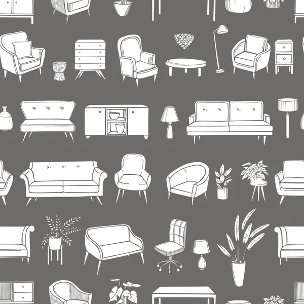 Handgezeichnete Möbel Lampen Und Pflanzen Für Hause Nahtloses Vektormuster — Stockvektor