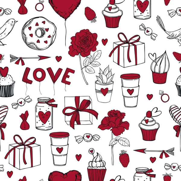 Handgezeichnete Süßigkeiten Und Gebäck Zum Valentinstag Auf Weißem Hintergrund Nahtloses — Stockvektor