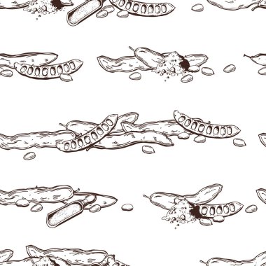 El yapımı keçiboynuzu meyveleri (Ceratonia silikası). Vektörsüz desen. 