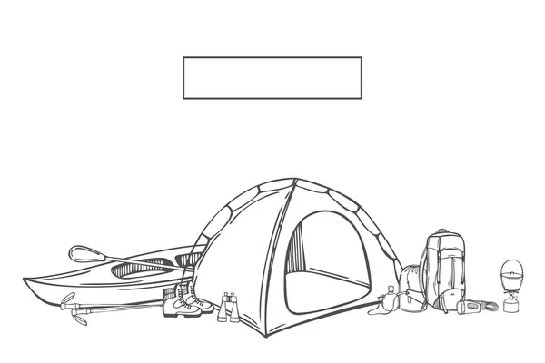 Hand Drawn Camping Items Set Tent Kayak Other Camping Equipment — Stock Vector