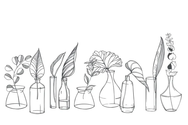 Folhas Desenhadas Mão Vasos Vidro Garrafas Desenho Vetorial Ilustração —  Vetores de Stock