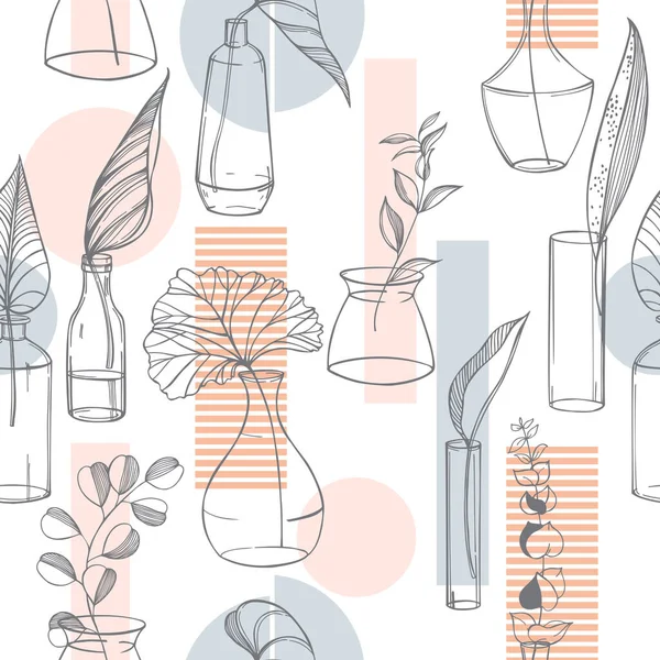 ガラスの花瓶やボトルに手描きの葉 ベクトルシームレスパターン — ストックベクタ