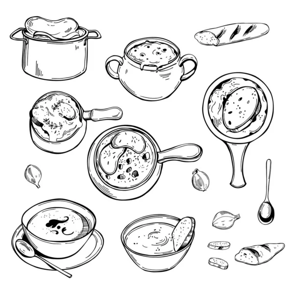 Set Sopa Cebolla Francesa Dibujada Mano Dibujo Vectorial Ilustración — Archivo Imágenes Vectoriales