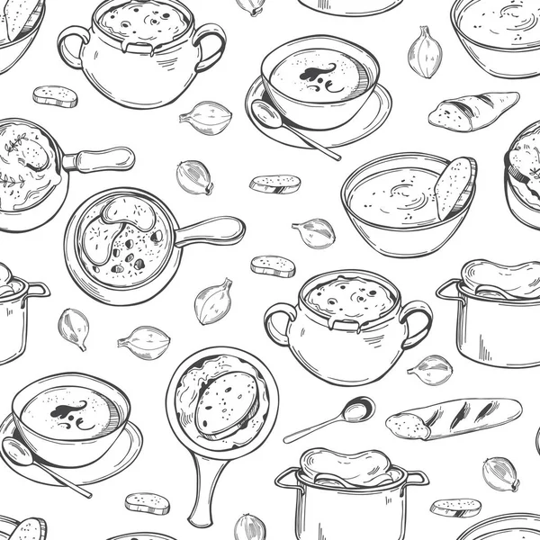 Set Sopa Cebolla Francesa Dibujada Mano Patrón Sin Costura Vectorial — Vector de stock