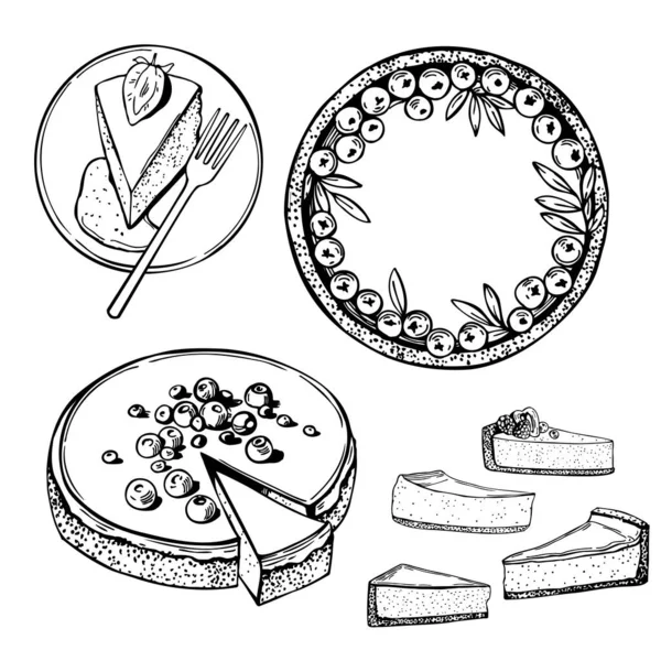 Handritat Cheesecake Set Vektor Skiss Illustration Stockvektor