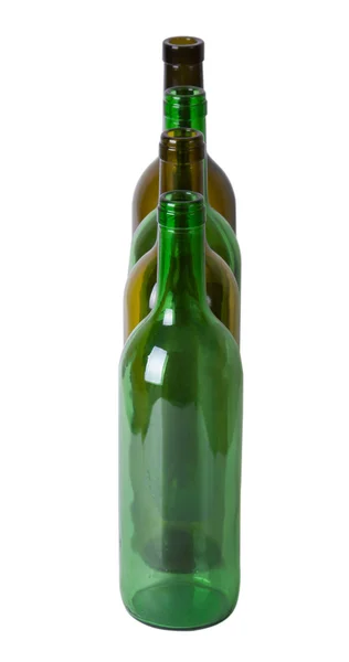 Τέσσερα κενά μπουκάλια κρασιού που στέκεται το ένα πάνω στο άλλο — Φωτογραφία Αρχείου