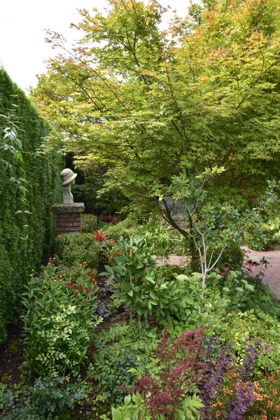 Show garden in the English style, an abundance of colorful plants, trees, flowers, perennials on a warm summer day.