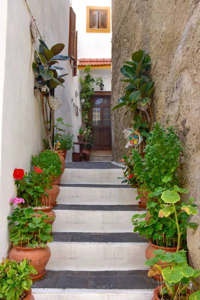 White Houses Blue Shutters Balconies Traditional Greek Village Mandraki Island — Stock Photo, Image