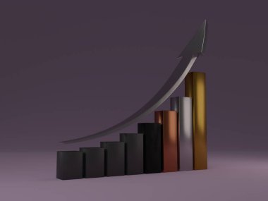 3d model of a ladder to success and a pointing silver arrow to the top. steps in the growth and quality of materials starting from black and going to bronze, silver and gold.