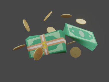 3d cartoon financial instruments floating in space. Bundles of dollars, gold dollar coins, bank packs of dollars. Soft tones.