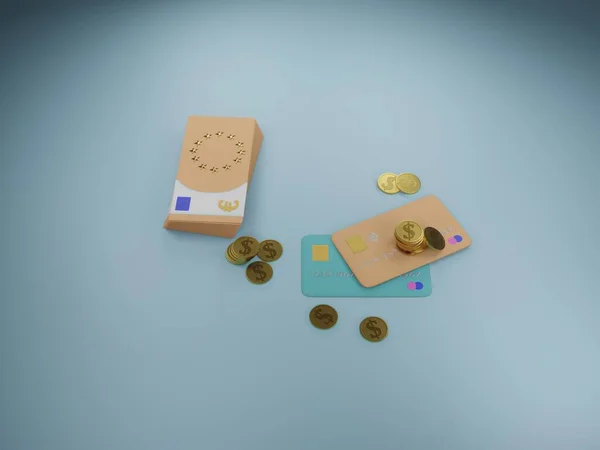 Cartoon Financial Instruments Credit Cards Gold Dollar Coins Stacks Euro — ストック写真