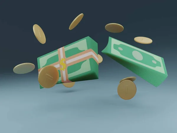 Cartoon Financial Instruments Floating Space Bundles Dollars Gold Dollar Coins — 스톡 사진