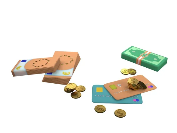 Cartoon Financial Instruments Credit Cards Gold Dollar Coins Stacks Euro — Zdjęcie stockowe