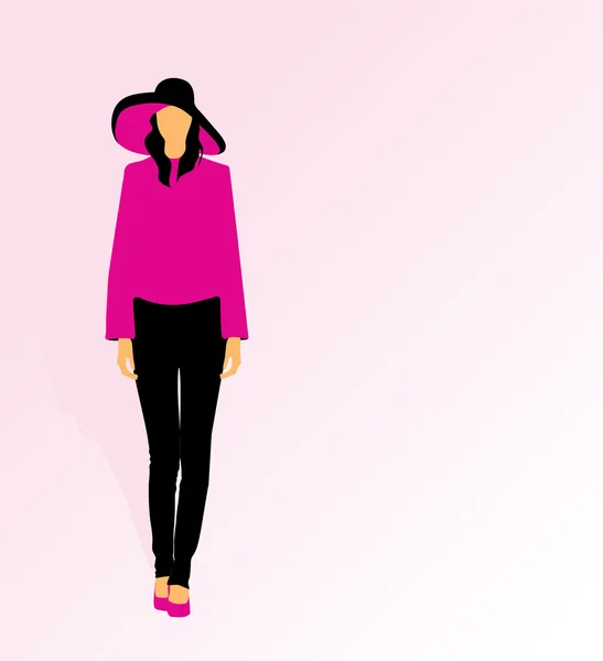 Kobieta w wielkim kapeluszu i modne ubrania — Wektor stockowy