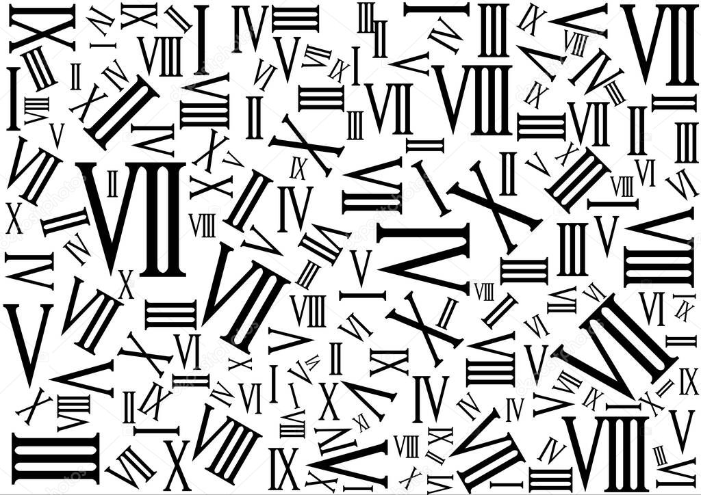 Background with Roman numerals scattered chaotic, vector illustration