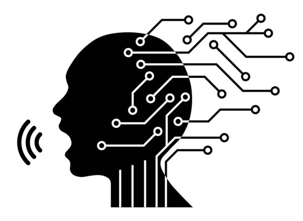 Silhouette of human head and printed circuit, voice Artificial Intelligence