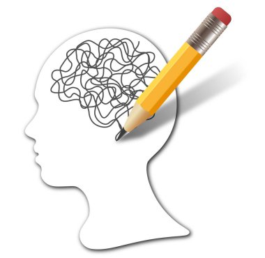 İnsan kafası silueti ve soyut beyin, çizim