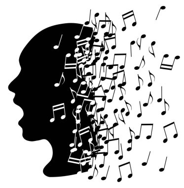 Siyah siluet baş kız ve şarkı olarak not