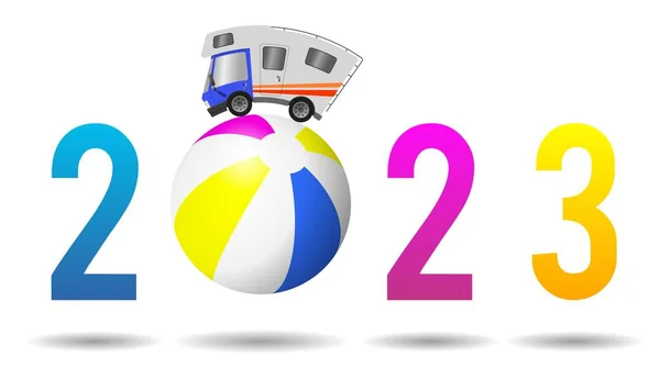 2023 Gelukkig Nieuwjaar Caravan Auto Comfortabel Reizen Vakantie Strandbal — Stockfoto