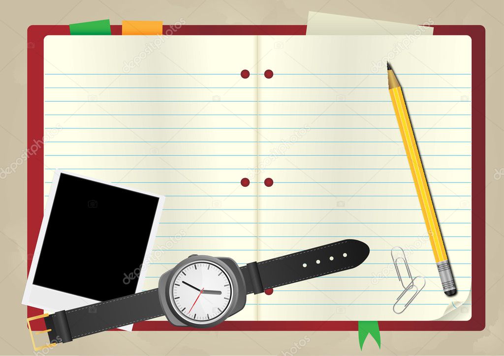 Vector paper with compass, pencil, photocards, clock, cup Stock Vector ...