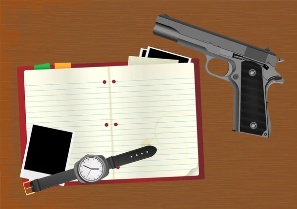 Notebook vector con pistola y reloj — Archivo Imágenes Vectoriales