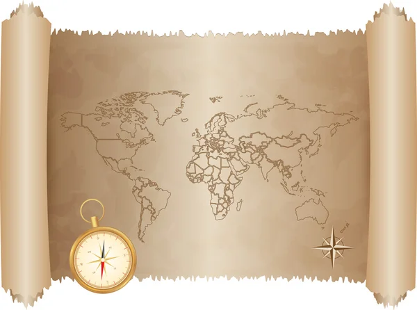 Old compass on vintage map — Stock Vector