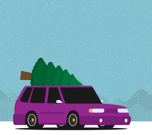 圣诞树驱动的平面向量车 — 图库矢量图片