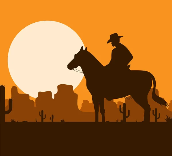 Paisagem Deserto Ocidental Pôr Sol Com Vetor Silhueta Cowboy Ilustração — Vetor de Stock