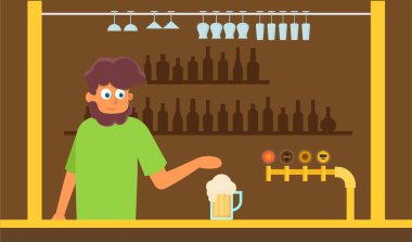 bar tabureleri ve alkol içecek rafları düz vektör çizim üzerinde olan sayaç