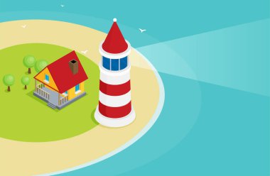 Mavi deniz, illüstrasyon vektör arka plan düz izometrik deniz feneri simgesi