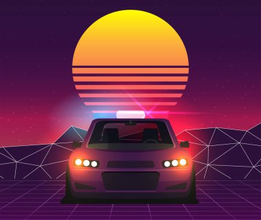 Retro future, 80s style Sci-Fi Background. Futuristic car.