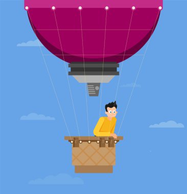 Sıcak hava balonundaki adam. Yaz tatili planlıyorum. Turizm ve tatil teması. Düz tasarım vektör çizimi.