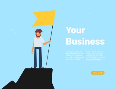 İş adamının bayrağı dağın tepesinde başarıyı kutluyor. Vektör illüstrasyon düzlüğü