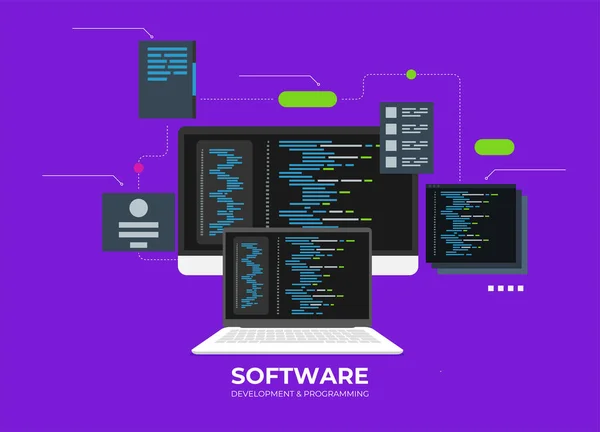 Desarrollo Programación Software Código Programa Pantalla Del Ordenador Portátil Procesamiento — Archivo Imágenes Vectoriales