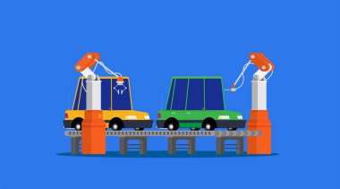 Fabrika taşıyıcısı. Araba toplantısı. Akıllı endüstri otomatik.Vector düz çizim tesisi.