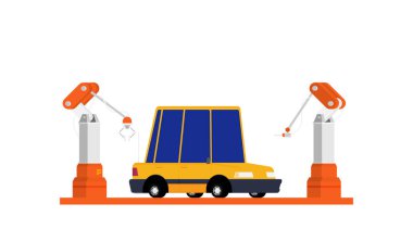 Fabrika taşıyıcısı. Araba toplantısı. Akıllı endüstri otomatik.Vector düz çizim tesisi.