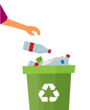 Atık ayıklama. Çöp torbası vektörüne plastik şişeler yerleştir