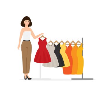 Askıda giysileri olan düz vektör rafları. Kız Alışveriş.