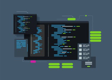 Software development and programming, program code on laptop screen, big data processing, computing isometric clipart svg vector 