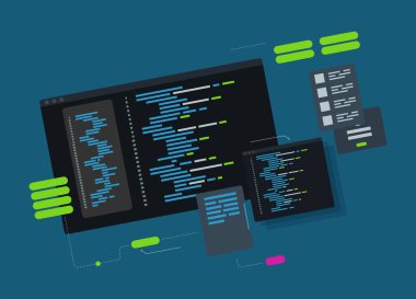 Yazılım geliştirme ve programlama, dizüstü bilgisayardaki program kodu, büyük veri işleme, izometrik hesaplama
