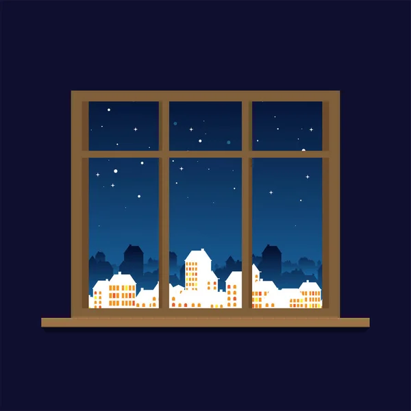 Fenster Mit Blick Auf Die Winterlandschaft Cartoon Flach Vektorillustration — Stockvektor