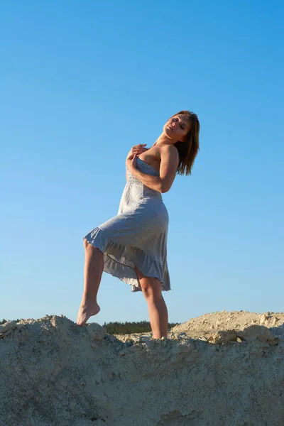 Beautiful Brunette Girl Dancing Looking Sun Girl White Dress Desert — Stock Photo, Image