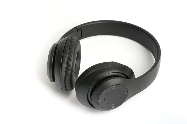 Wireless Ear Headphones Insulated Black Leather White Background — Stok fotoğraf