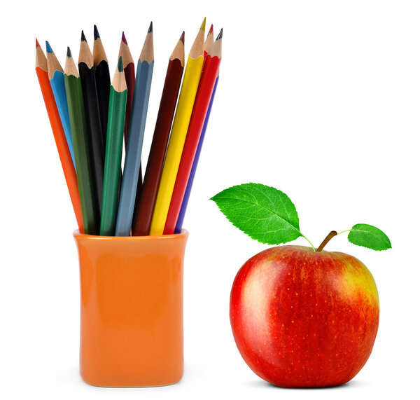 Color pencils with apple