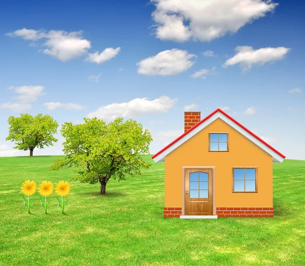 Huis in voorjaar landschap — Stockfoto