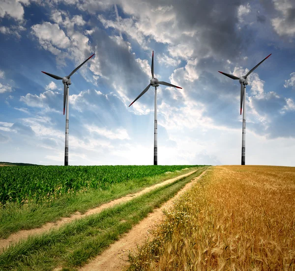 Field way with wind turbines — Stock Photo, Image